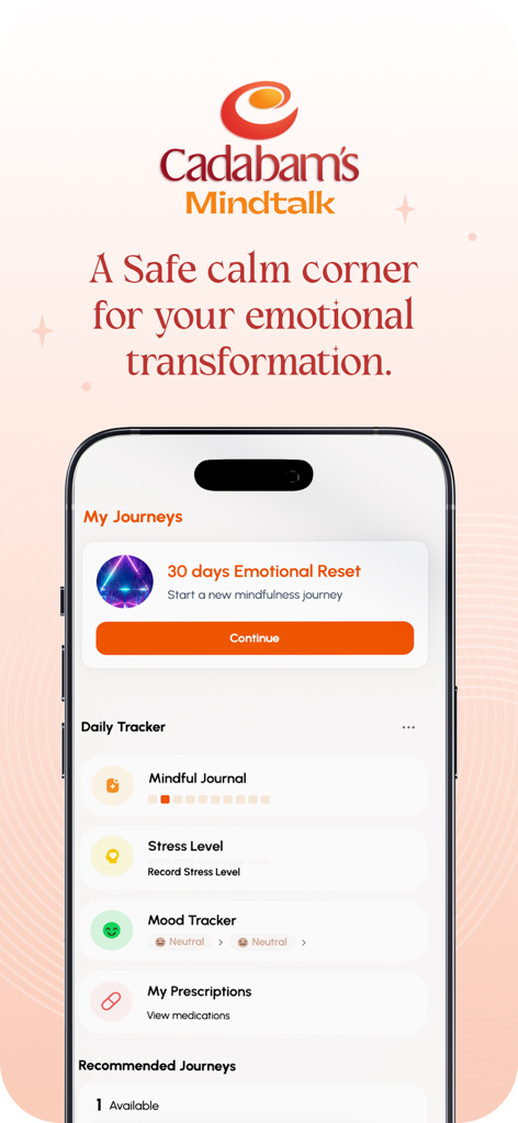 Cadabams Mindtalk mobile app interface displaying daily mental health trackers and emotional reset journeys