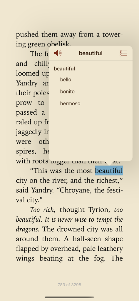 Auri - Read Books in Original - La aplicación Auri mostrando una ventana emergente de traducción con un toque para la palabra beautiful en un libro electrónico