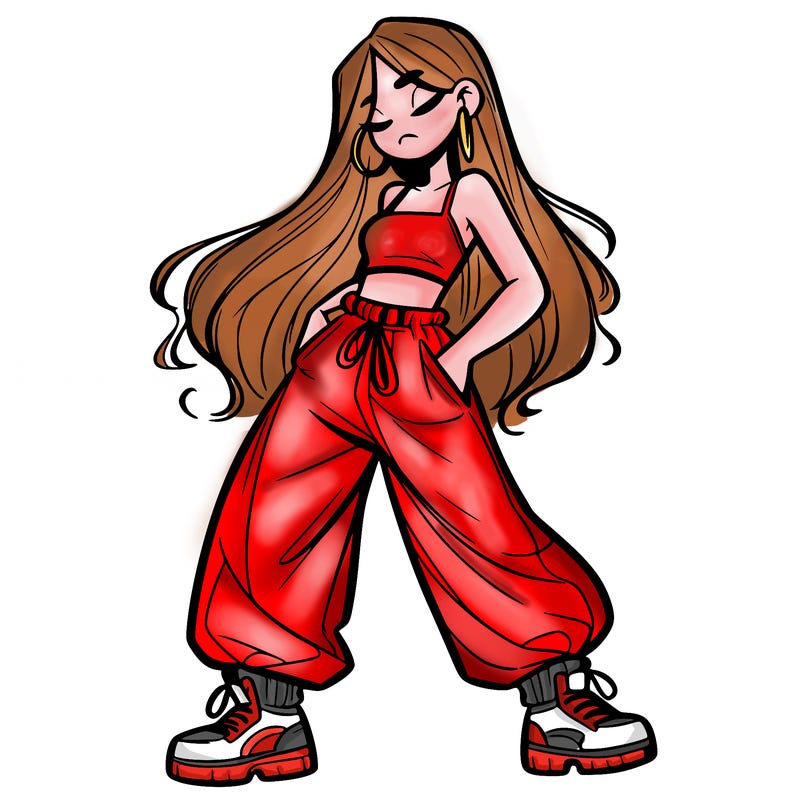 girl in baggy pants crop top and long hair