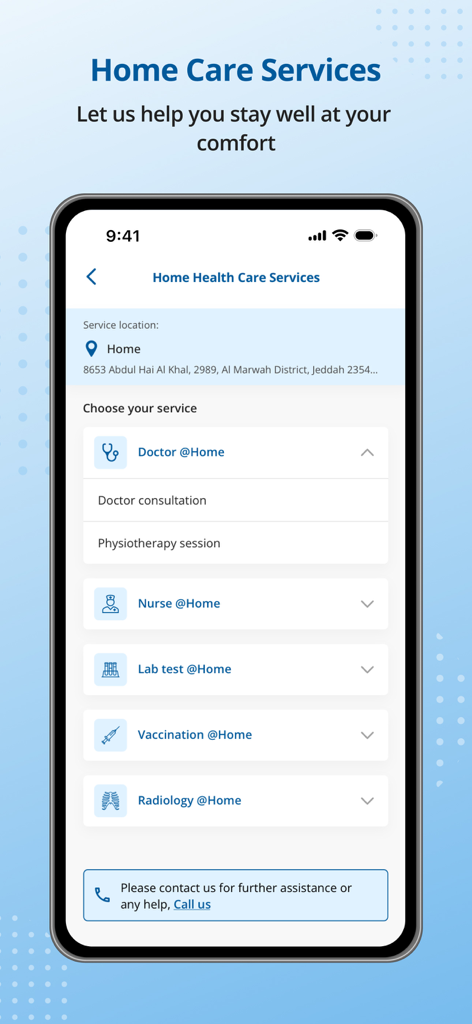 Nahdicare Clinics mobile app interface for booking home health care services like doctor visits and lab tests