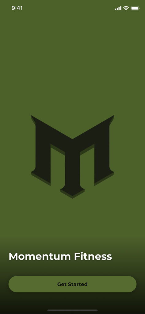 Momentum Fit - Welcome screen of the Momentum Fit app with the brand logo and a Get Started button