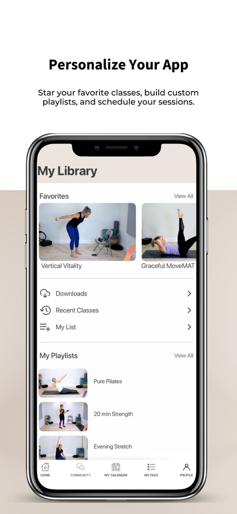 Trifecta Pilates - Trifecta Pilates app interface showing a personalized workout library with favorite classes and custom playlists