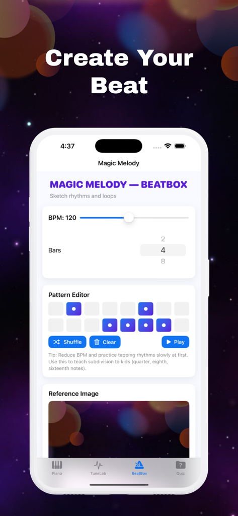 Magic Melody+ - Beatbox rhythm creation screen in Magic Melody plus app showing pattern editor and BPM controls