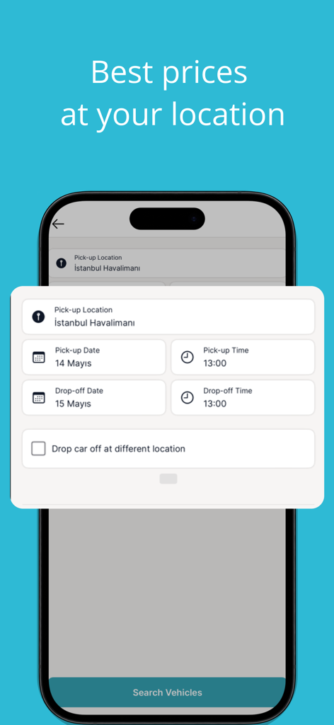 AVEC rent a car - Interface de l'application de location de voitures AVEC montrant la sélection du lieu et de la date de prise en charge pour l'aéroport d'Istanbul
