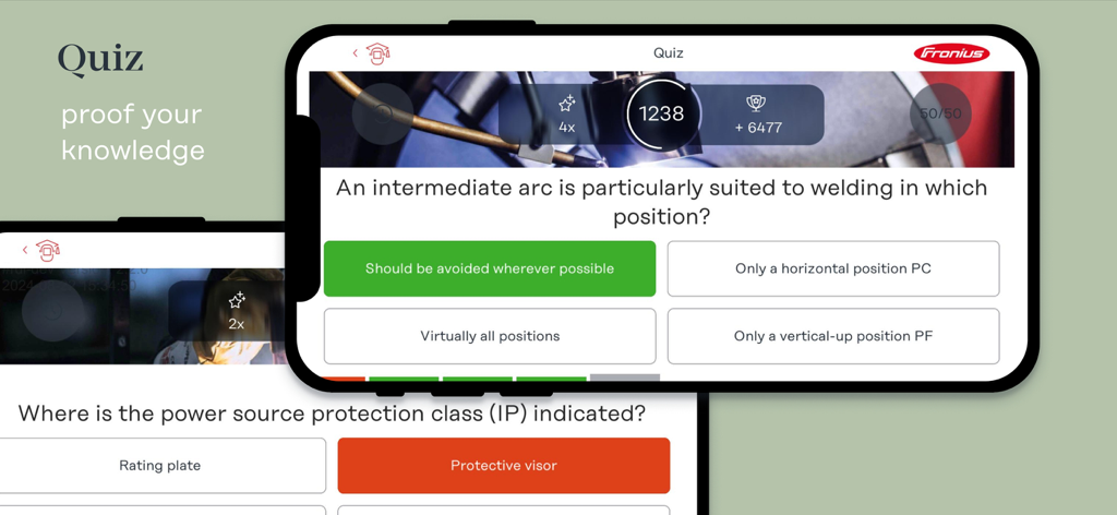 Schermata del quiz di teoria della saldatura nell'app mobile Welducation Basic