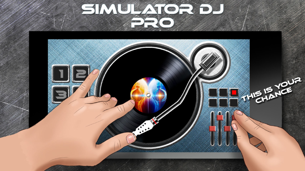 A person using their hands to play on a virtual DJ deck and mixer with a vinyl record in the Simulator DJ PRO mobile game