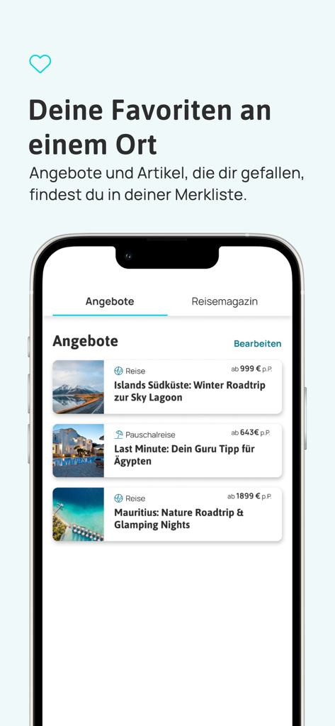 Urlaubsguru - Reisen & Urlaub - Interfaccia dell'app Urlaubsguru che mostra una watchlist di offerte di viaggio salvate per Islanda, Egitto e Mauritius