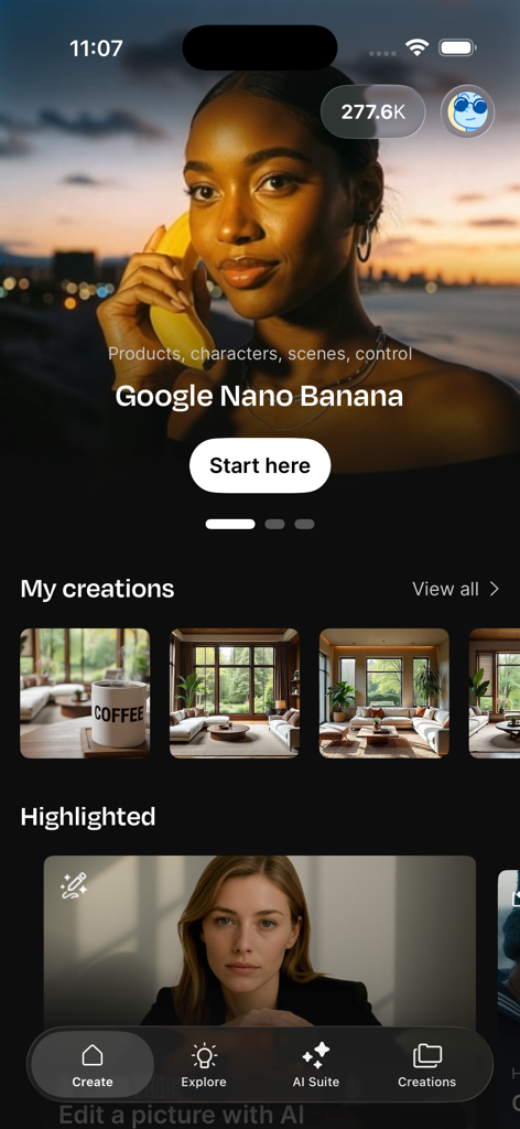 Home screen of the Freepik AI app showing AI-generated visuals and creation tools