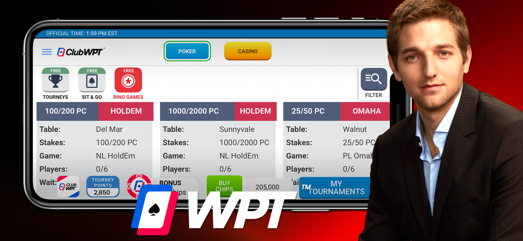 ClubWPT: Poker, Casino - ClubWPT mobile app poker lobby featuring ring games and tournaments
