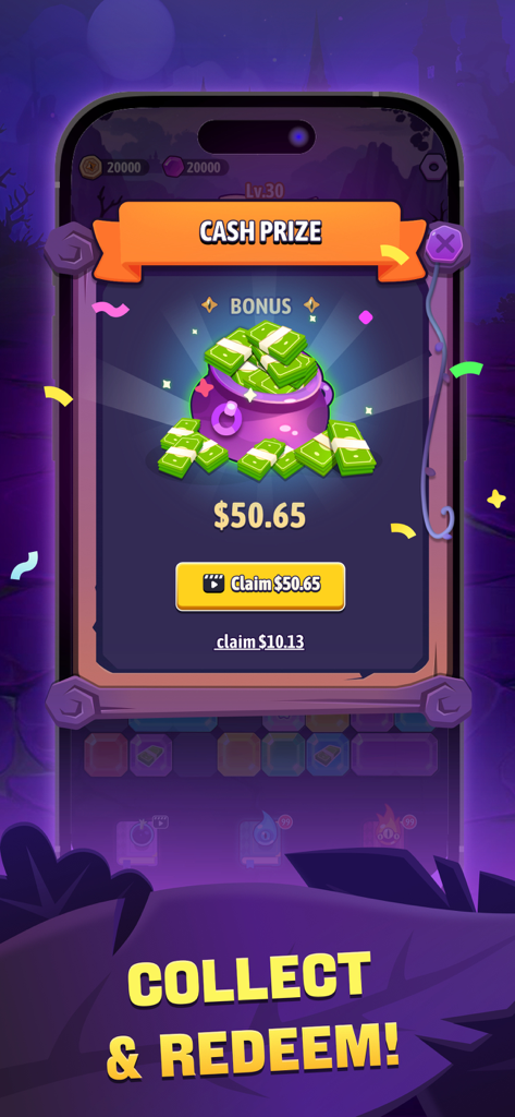Magical Gems mobile game screen showing a fifty dollar cash prize bonus with a collect and redeem call to action