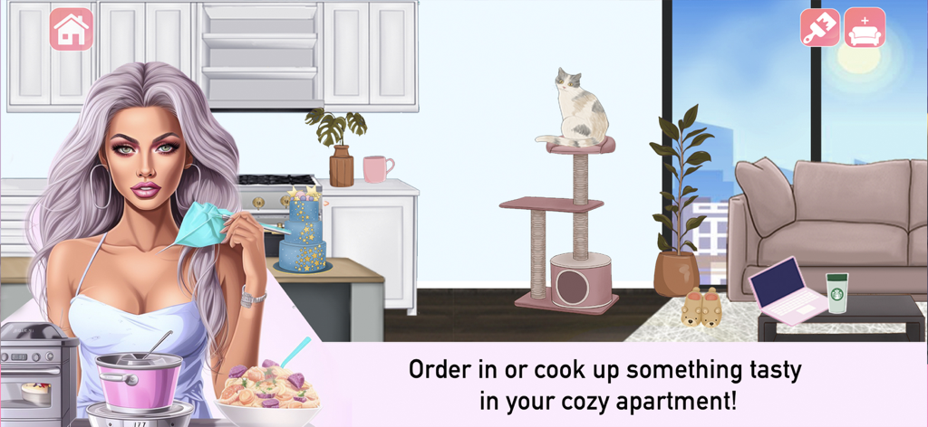 Lofti: Dreamy Room Decor Game - Character decorating a cozy apartment kitchen and living room with a cat and aesthetic furniture in the Lofti game.