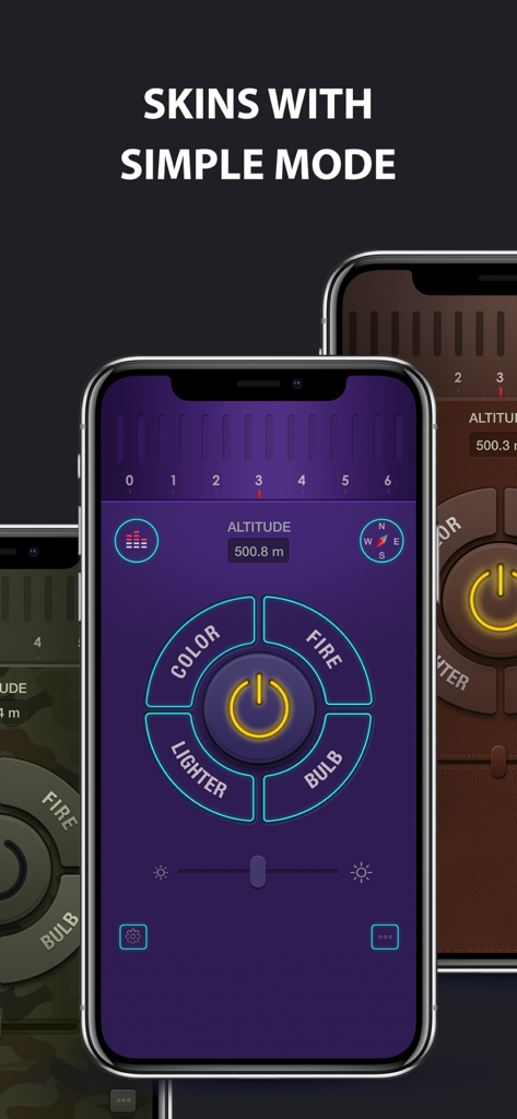Flashlight for iPhone + iPad - Tre iPhone che mostrano diverse interfacce personalizzabili dell'app Torcia con un pulsante di accensione centrale e un altimetro.