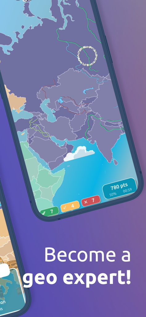 GeoExpert+ World Geography Map - Una interfaz de juego de preguntas de geografía de la aplicación GeoExpert que muestra un mapa mundial y detalles de puntuación.