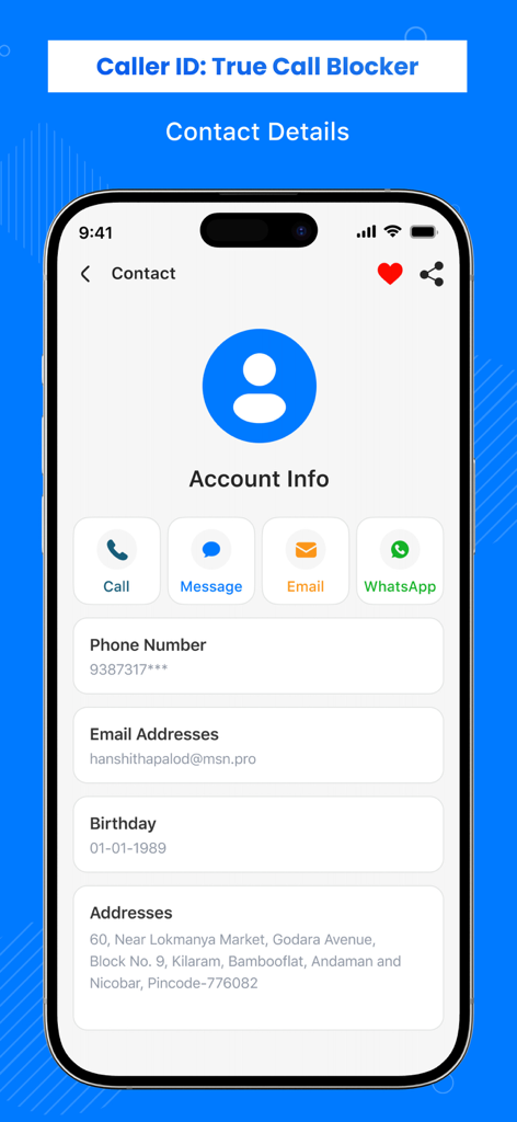 Una pantalla de aplicación móvil que muestra los detalles de contacto con botones de acción rápida para llamadas, mensajes, correo electrónico y WhatsApp.