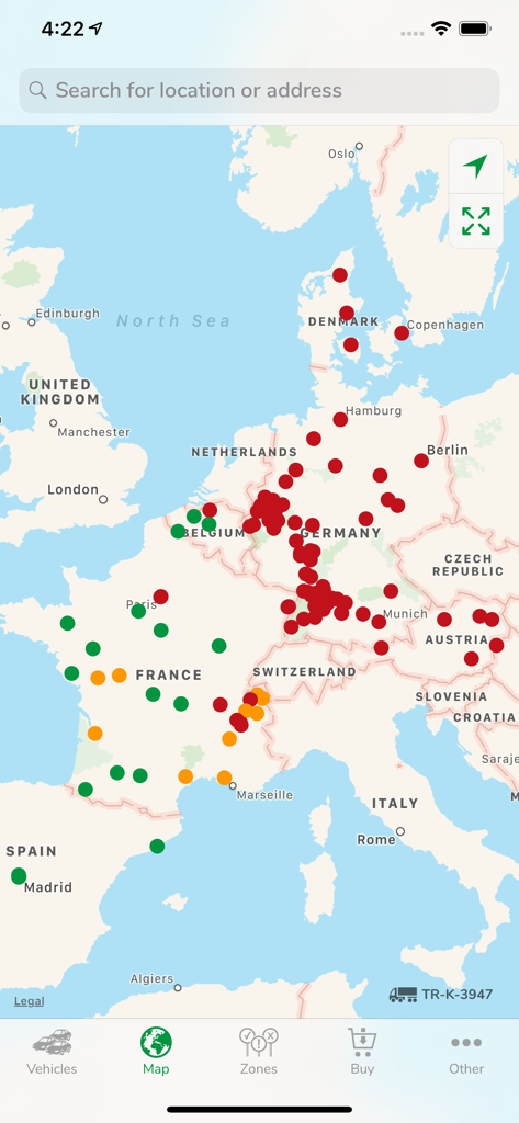 Green-Zones - Green-Zones app map displaying environmental restriction zones across Europe