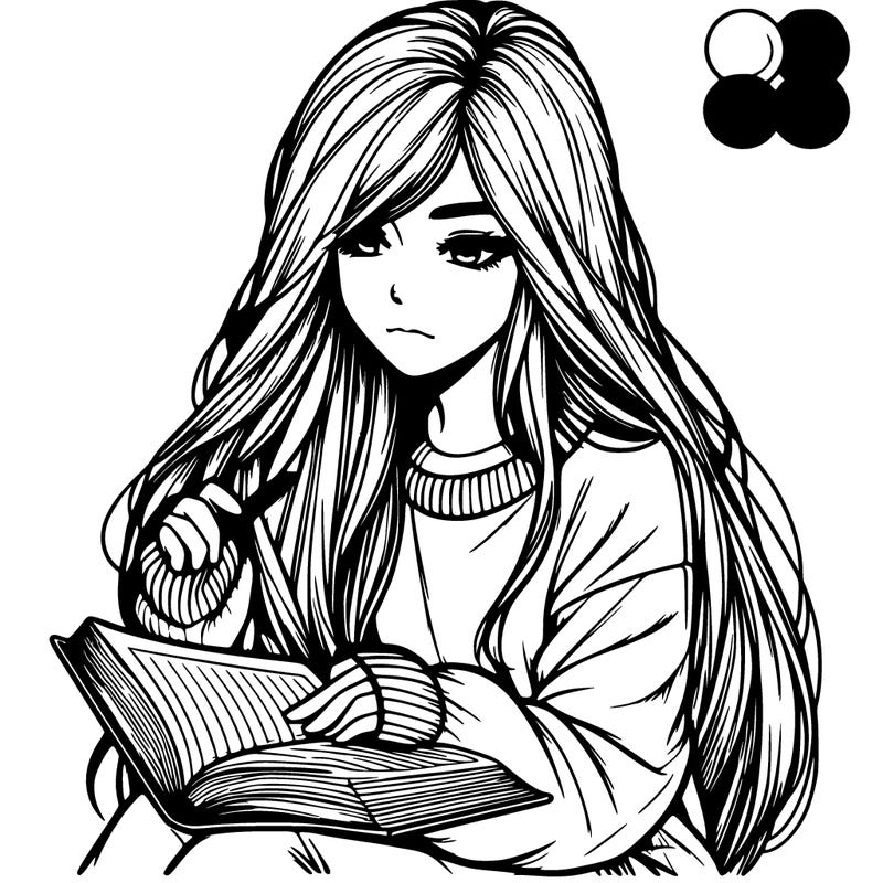 realistic girl with long hair wearing a baggie sweater reading a book