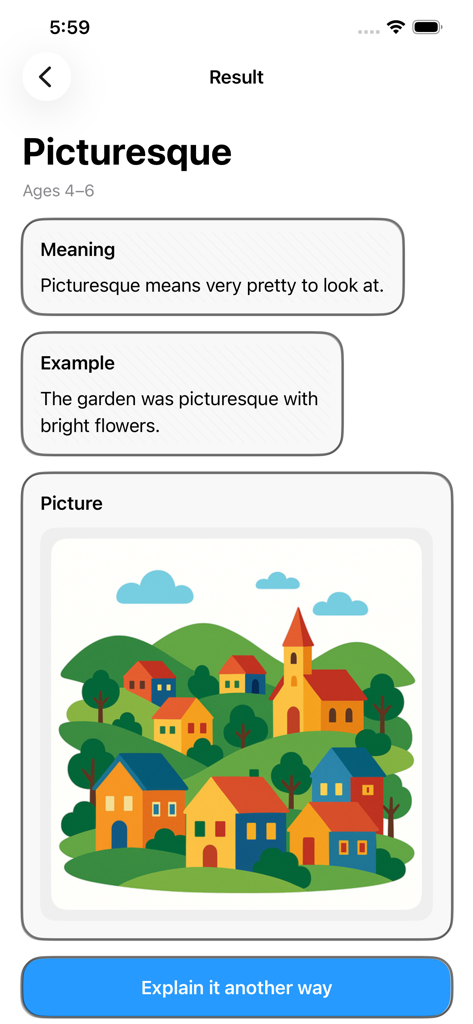 Smart Dictionary - Smart Dictionary app screen showing a child-friendly definition, example sentence, and colorful illustration for the word picturesque.
