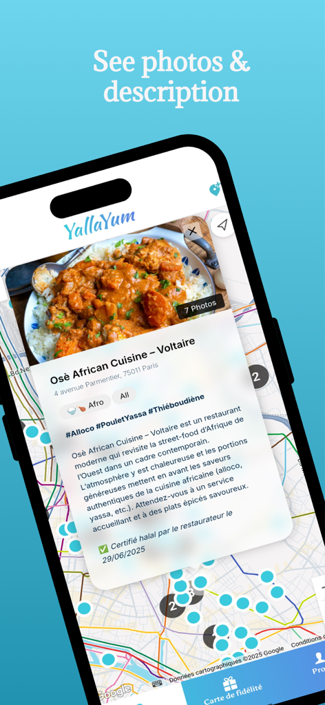 Una pantalla de smartphone que muestra la aplicación Yalla Yum con el perfil de un restaurante africano halal verificado con fotos de comida y un mapa.