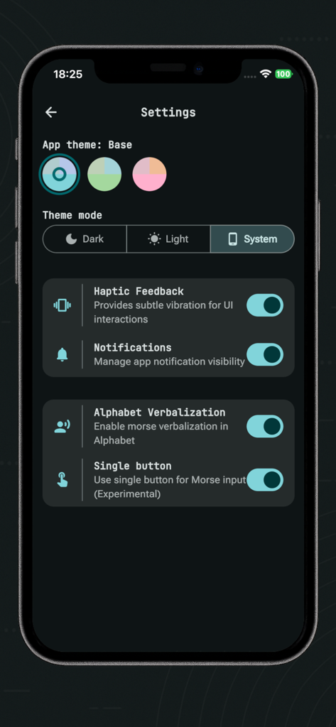 Morse Code Communicator - Settings screen of the Morse Code Communicator app showing theme options and toggle switches for haptic feedback and notifications.