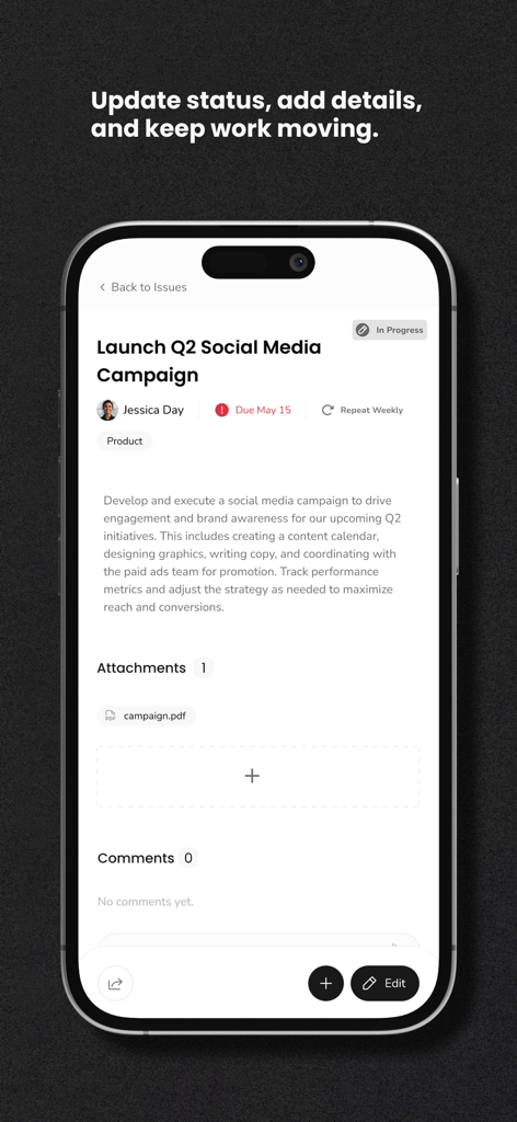Une interface mobile pour l'application Ninety montrant les détails d'une tâche de campagne sur les réseaux sociaux, y compris le statut et les pièces jointes.