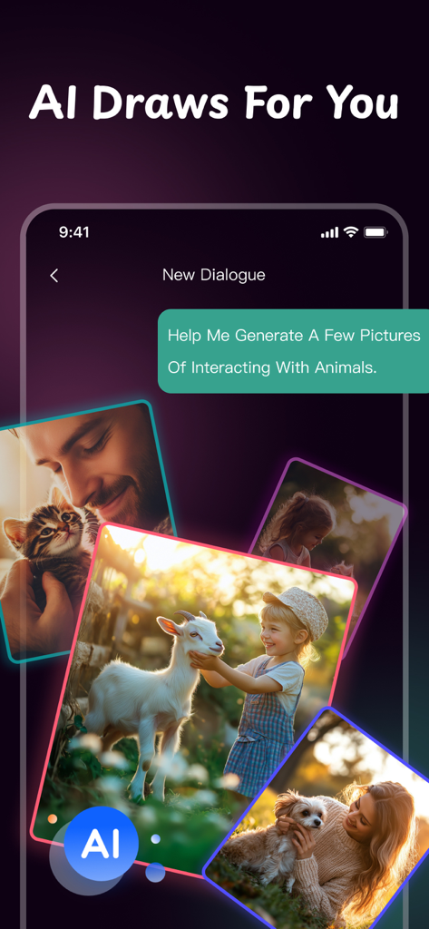 Chatbot AI Assistant, Image AI - Interfaz de aplicación móvil que demuestra la generación de fotos de personas y animales por ChatOm AI a partir de una indicación de texto.