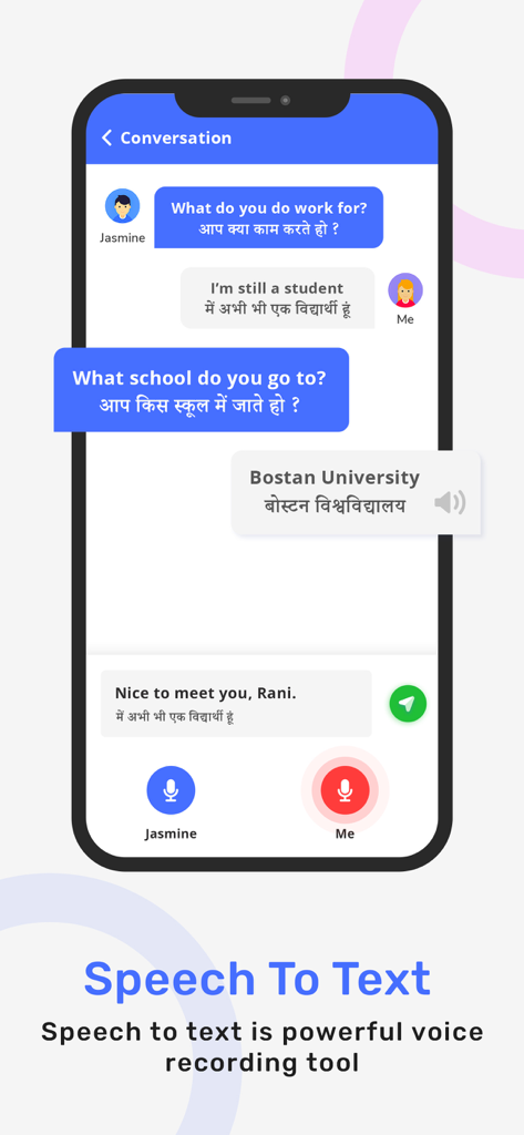 Hindi to English speech to text feature showing a bilingual voice conversation interface