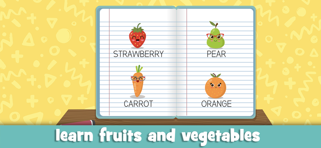 Un cuaderno digital interactivo que muestra ilustraciones de una fresa, pera, zanahoria y naranja con sus nombres para que los niños aprendan.