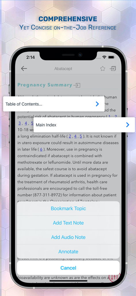 Drugs in Pregnancy Lactation - Tela de monografia de medicamento clínico no aplicativo Medicamentos na Gravidez e Lactação com ferramentas de anotação e marcação
