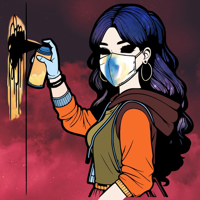 realistic girl with mask spray painting a wall