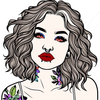 realistic woman with septum piercing and wavy hair and tattoos