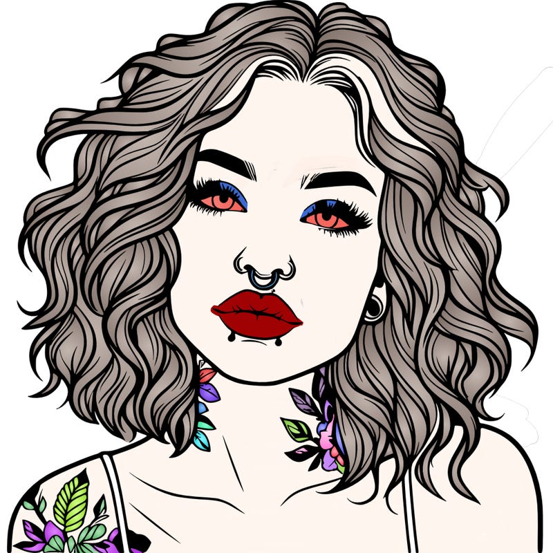 realistic woman with septum piercing and wavy hair and tattoos