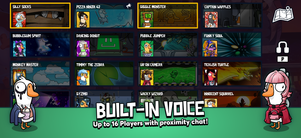 Goose Goose Duck player lobby showing multiple custom characters and built-in proximity voice chat feature for up to 16 players