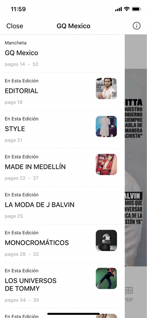 Uma interface de aplicativo móvel para GQ Mexico mostrando um índice de uma edição de revista com artigos sobre moda e estilo de vida.