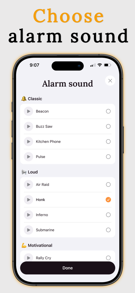 1% Alarm: Scan to Wake Up - Interface of the 1% Alarm app showing various alarm sound options like Loud and Motivational.