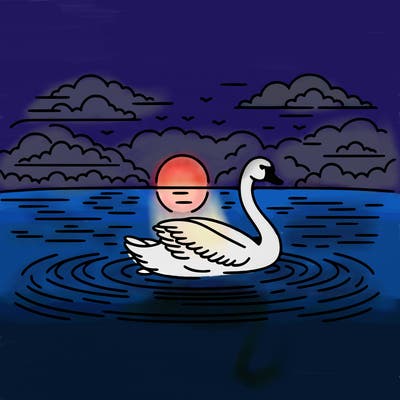 a swan gliding across a misty lake at dawn, with gentle ripples trailing behind. the swan's reflection is visible in the water, and there are dark clouds overhead hinting at an incoming storm.