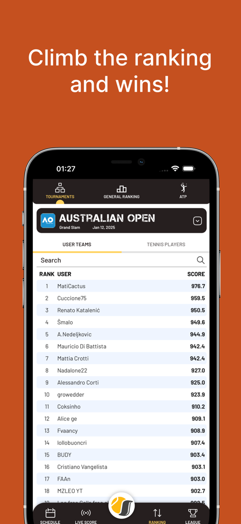 A leaderboard of user rankings for the Australian Open tournament in the Smash It Fantasy Tennis app