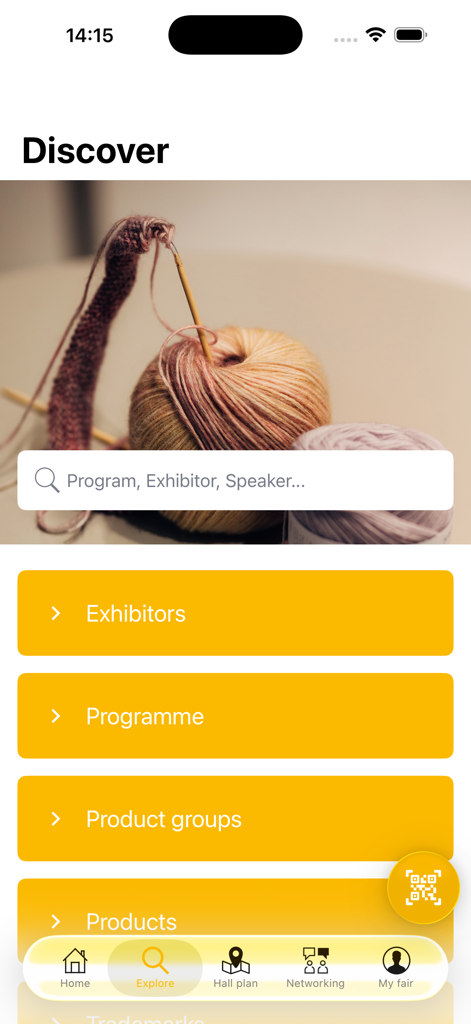 h+h cologne - A tela de descoberta do aplicativo h+h cologne com opções de menu para expositores e programa