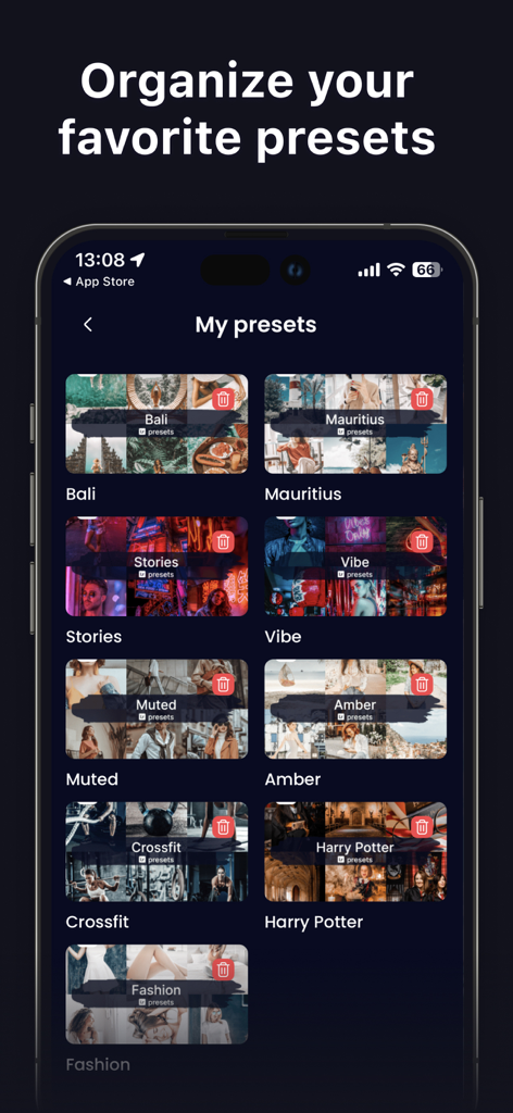 Une interface mobile montrant une collection de préréglages photo organisés préférés dans des catégories comme voyage et mode.