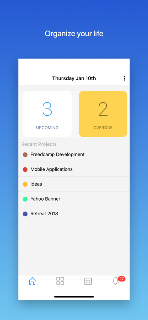 Freedcamp - Interfaccia dell'app Freedcamp che mostra il conteggio delle attività imminenti e scadute e un elenco di progetti recenti