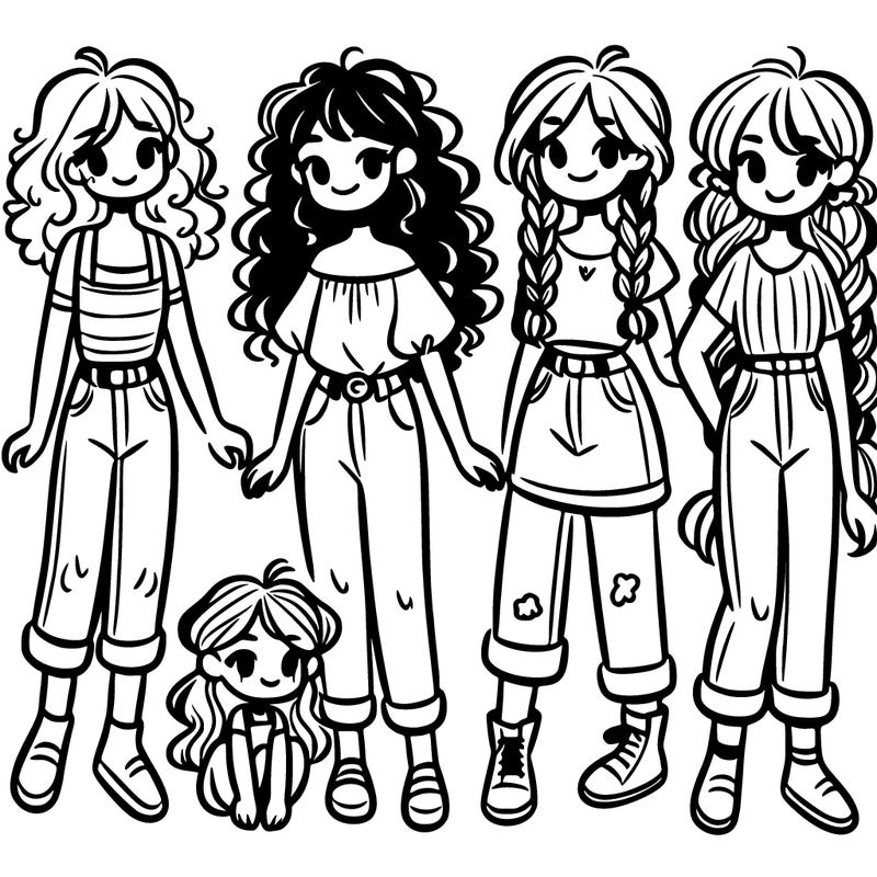 5 girls 1 with curly hair and 1 with braids wearing jeans