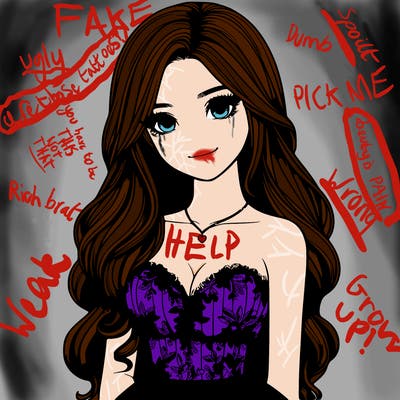 realistic girl with long hair and pretty prom dress