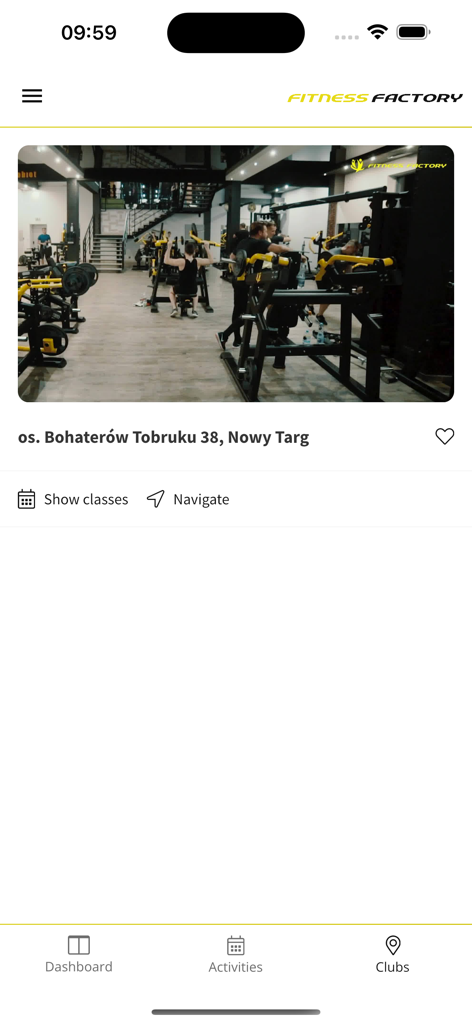 Fitness Factory - フィットネスファクトリーアプリ、ジムの場所の詳細、内部の写真、ナビゲーションオプションが表示されています