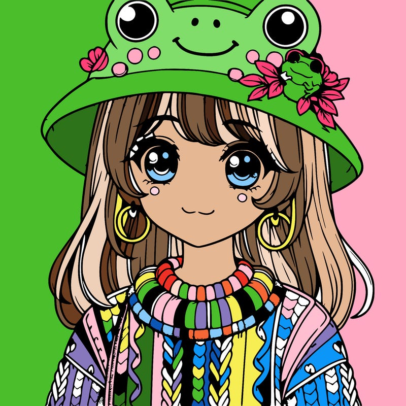 realistic girl wearing frog sweater and a frog hat with frog earrings