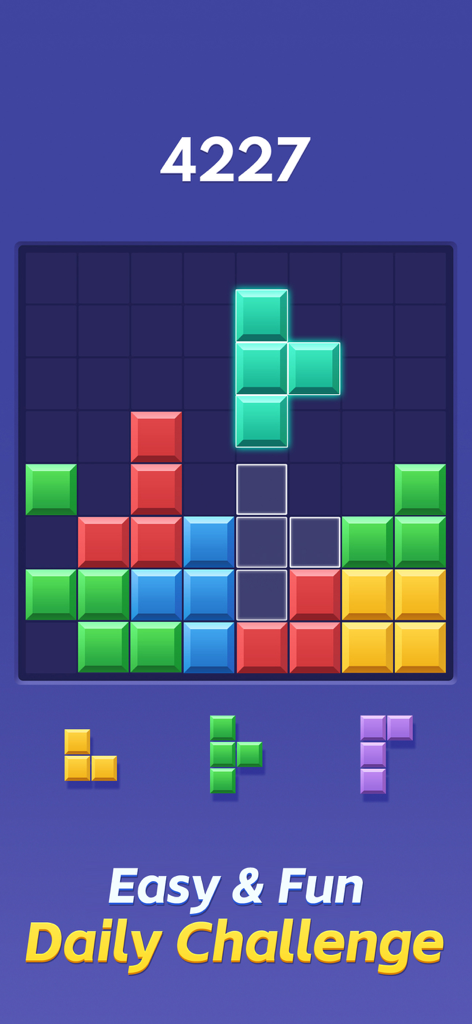 Gameplay screenshot of Color Block Combo Blast showing a vibrant block puzzle grid and daily challenge