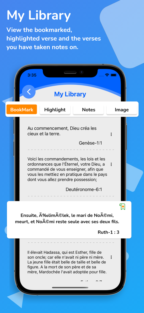 La Bible Du Semeur (BDS) - Interface mobile de La Bible Du Semeur montrant l'écran de la bibliothèque avec des versets marqués en français.