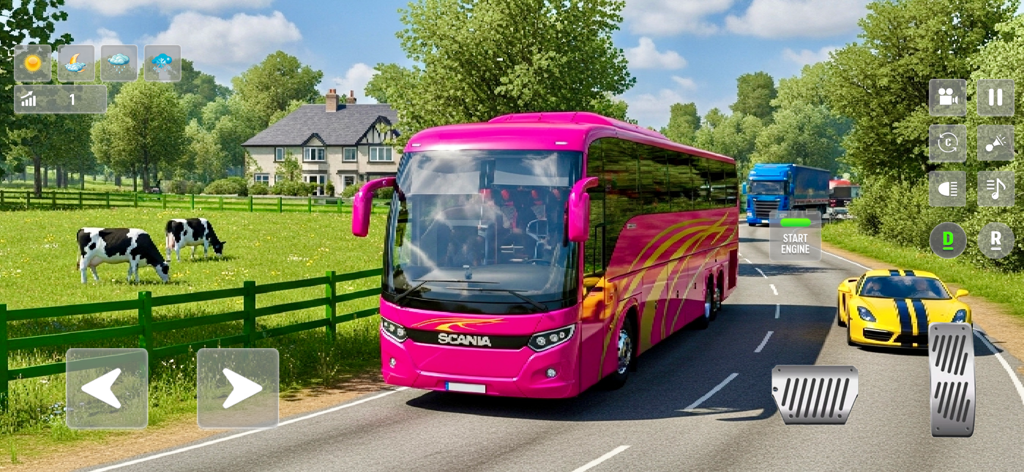 Trip Bus Simulator - Bus Games - Um ônibus rosa dirigindo por uma paisagem rural ensolarada com vacas e campos verdes no Trip Bus Simulator.