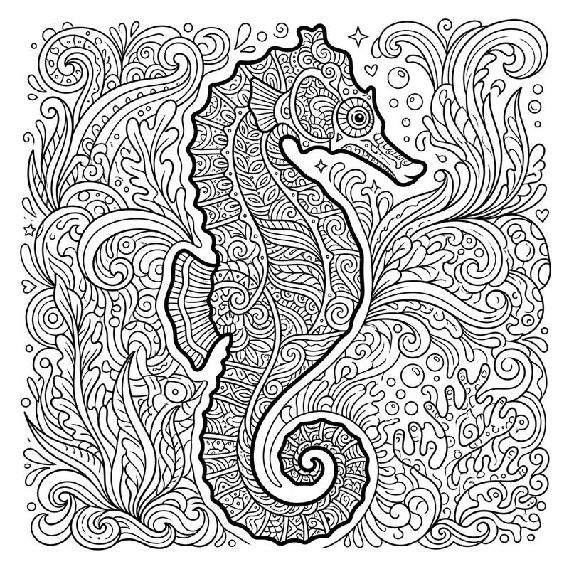 Discover the beauty of the ocean with this exquisite Lined Seahorse Zentangle coloring page. Its detailed patterns offer a captivating and calming creative escape for all ages.