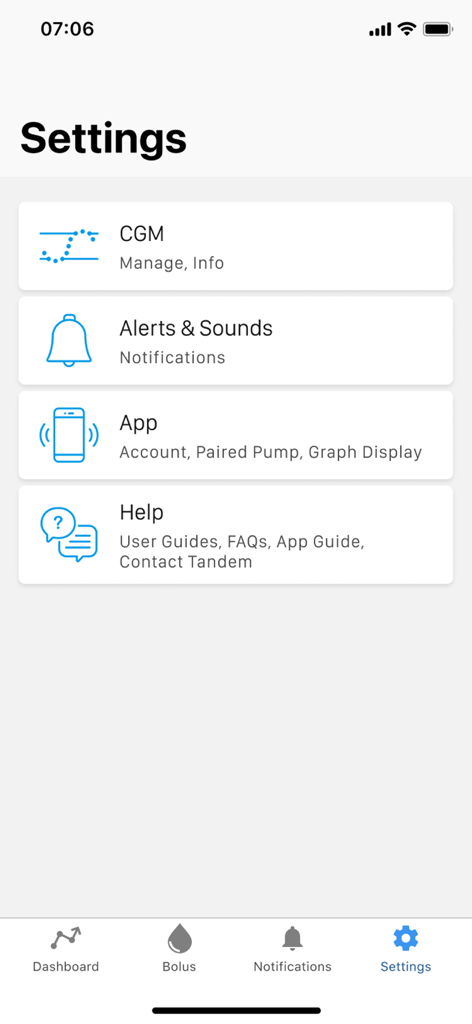 Tandem t:slim Mobile App - Settings menu of the Tandem t:slim Mobile App showing options for CGM management and alert notifications