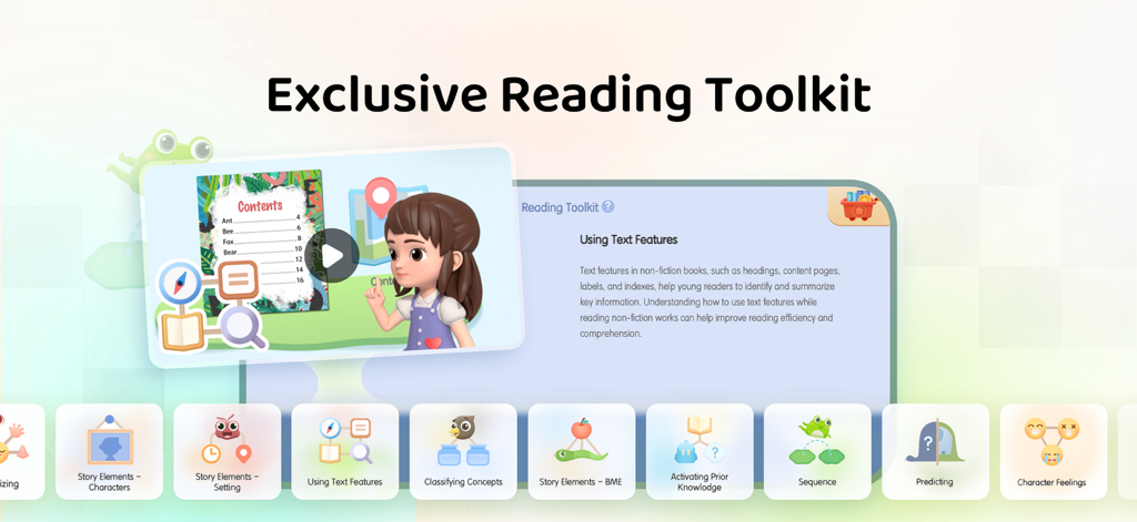 Interface do aplicativo Owl Reading mostrando o kit de ferramentas de leitura exclusivo com vários módulos de alfabetização e compreensão para crianças