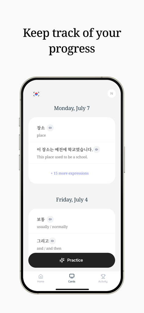 Tenmin - Language Learning - Schermata iPhone dell'app Tenmin che mostra una cronologia di schede di vocabolario coreano organizzate per data con un pulsante di pratica.